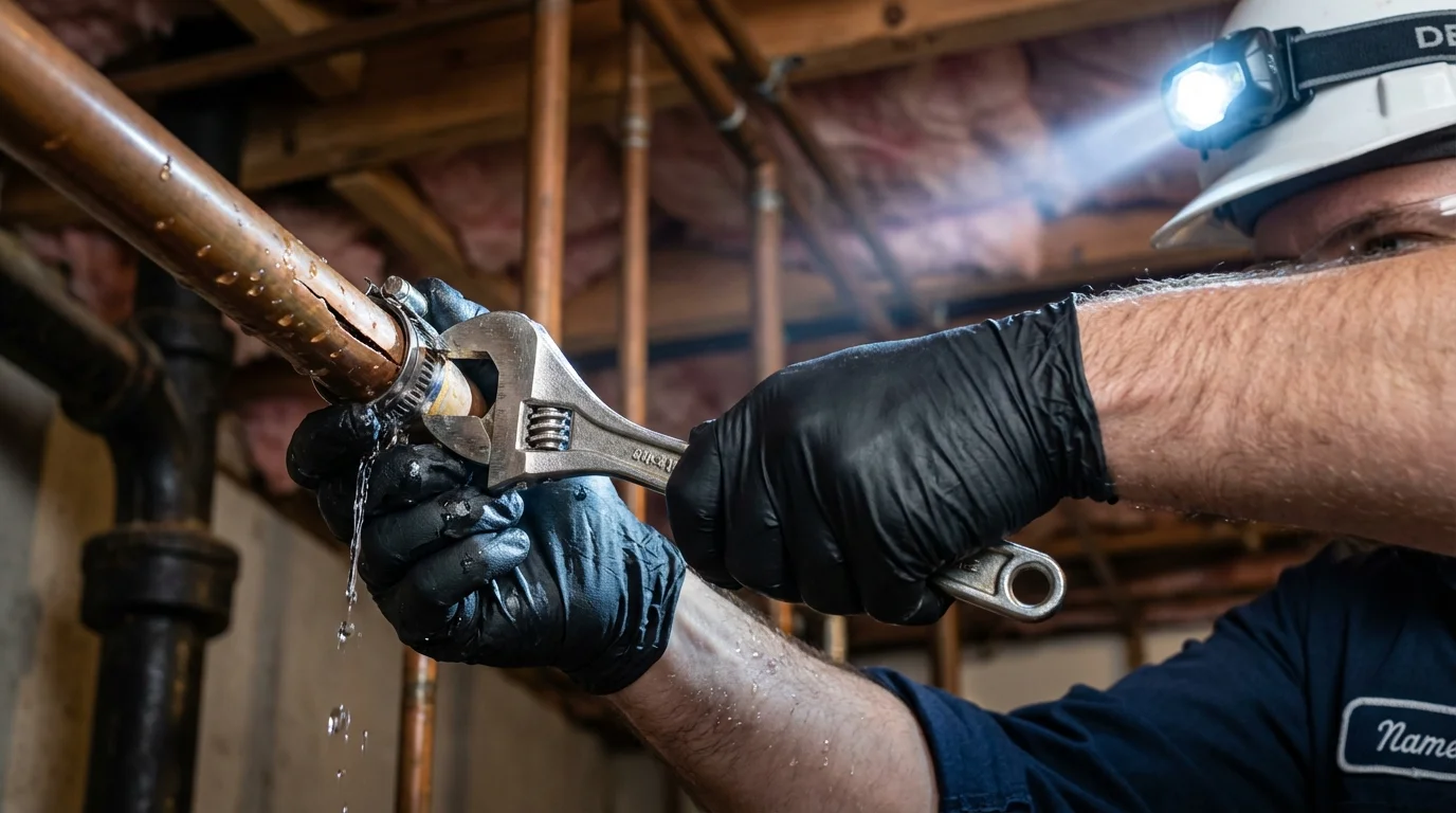 Emergency pipe clamp repair being performed by a Johns Plumbing LLC plumber in Muskogee