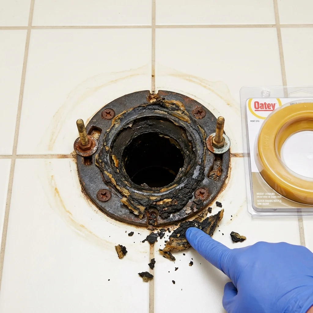 Failed wax ring showing water seepage at the base of a toilet in a Muskogee, OK home