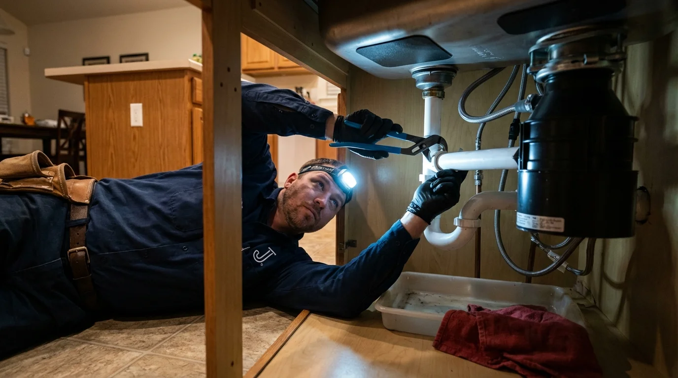 P-trap and supply line connections under a kitchen sink showing a common leak point in Muskogee, OK